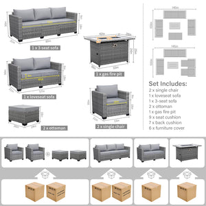 7-Piece Outdoor Patio Furniture Set with Propane Fire Pit Table