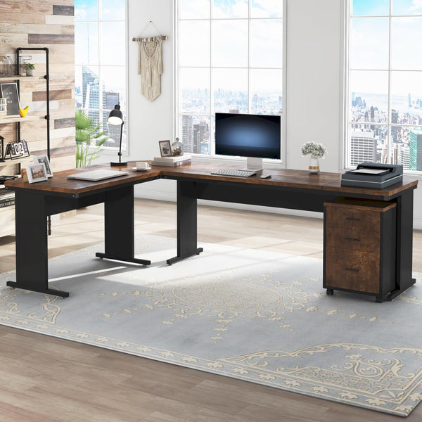 L-Shaped Executive Desk with Drawers & Rolling File Cabinet – 83 Inch Industrial Corner Office Desk
