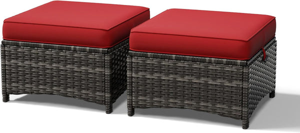 Outdoor Wicker Ottoman Set of 2 with Cushions