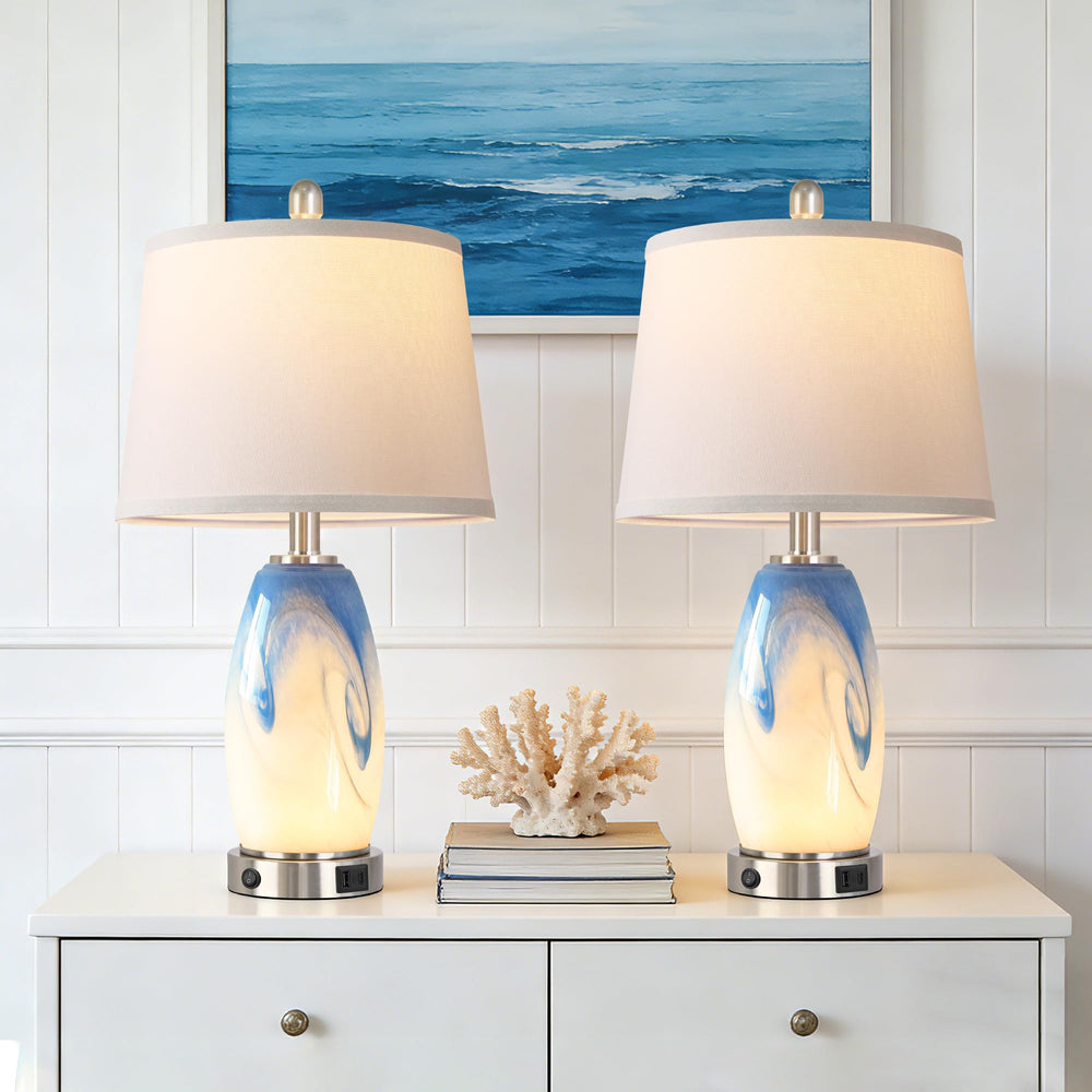 Coastal Glass Table Lamp Set of 2 – 7 Lighting Modes, USB Charging, LED Bulbs Included