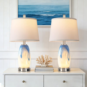 Coastal Glass Table Lamp Set of 2 – 7 Lighting Modes, USB Charging, LED Bulbs Included