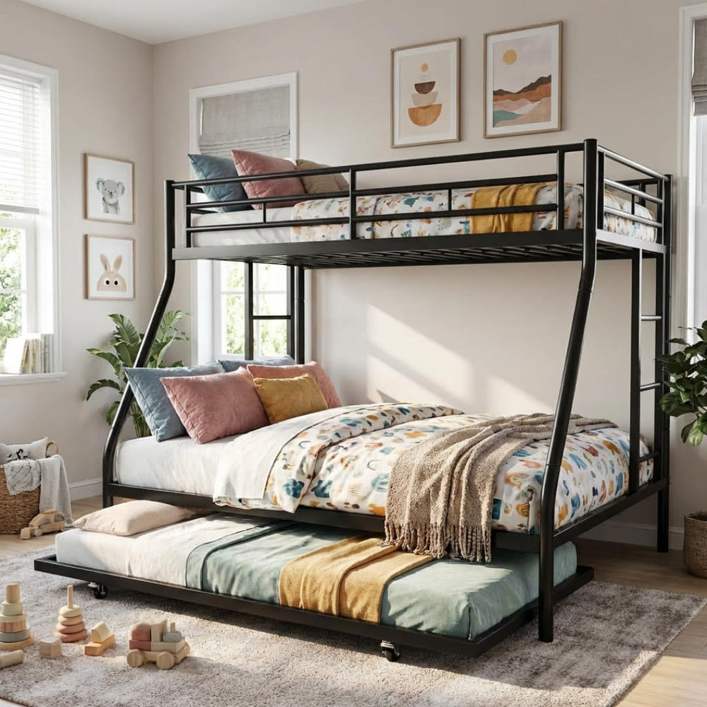 Metal Triple Bunk Bed with Trundle – Twin Over Full, Space-Saving Steel Frame