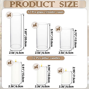 White Pillar Candles & Glass Cylinder Vases Set (24 Pcs)