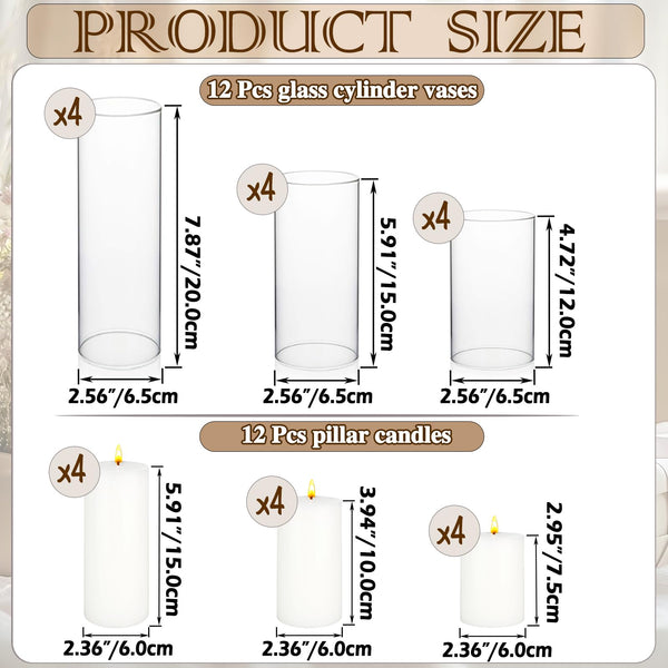 White Pillar Candles & Glass Cylinder Vases Set (24 Pcs)