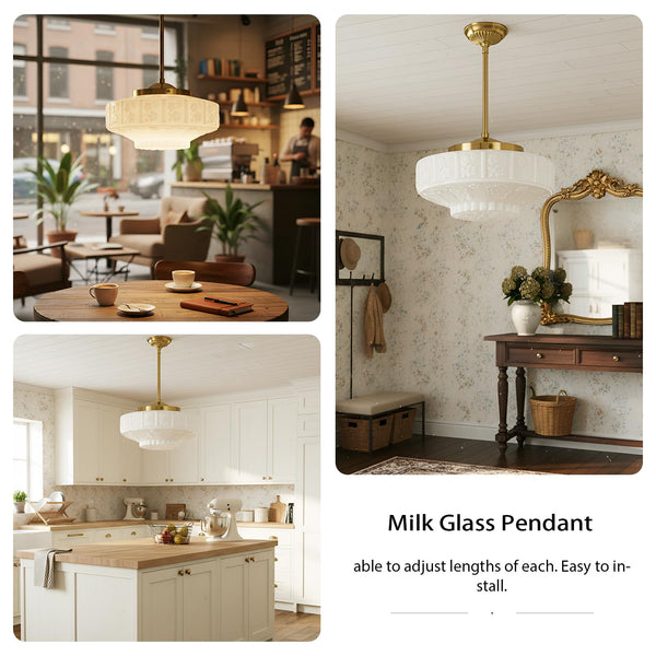 Vintage Milk Glass Pendant Light – White Floral, E26