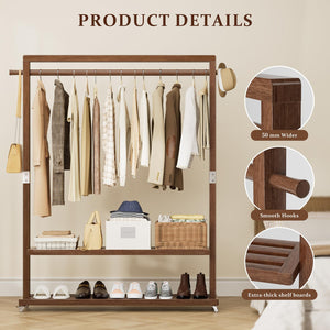 Wamhom Solid Wood Clothes Rack with Wheels | 3-in-1 Freestanding Garment Rack & Coat Tree, Extra-Long Rod, Two Shelves, 220 lb Load | Organizer for Bedroom & Entryway