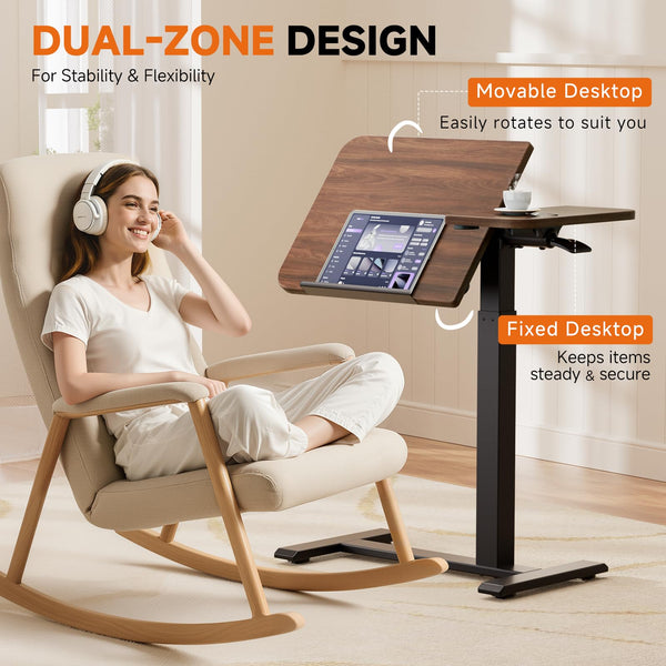 GTPLAYER Overbed Bedside Table with Wheels,Tiltable Hospital Bed Table Over The Bed, Pneumatic Adjustable Rolling Laptop Desk, Mobile Standing Desk for Hospital and Home Use (Walnut)