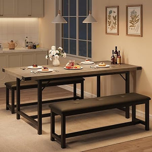5-Piece Extendable Dining Table Set with 2 Upholstered Benches