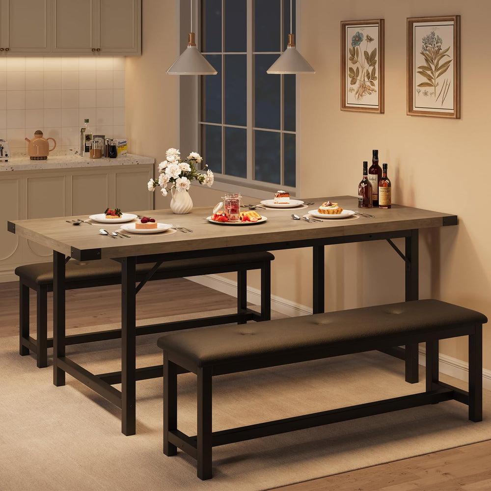 Extendable Dining Table Set with 2 Upholstered Benches