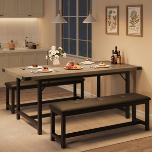 Extendable Dining Table Set with 2 Upholstered Benches