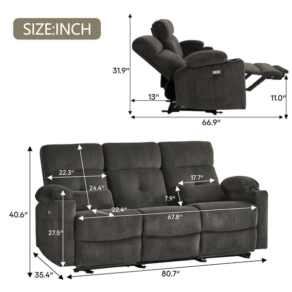 Power Reclining Sofa with Heat & Massage – 3 Seater