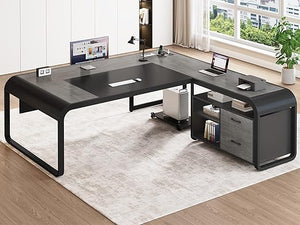 L-Shaped Executive Desk with File Drawer, Storage Shelves & Power Outlets
