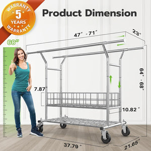Rolling Garment Rack with Metal Basket & Dual Rod