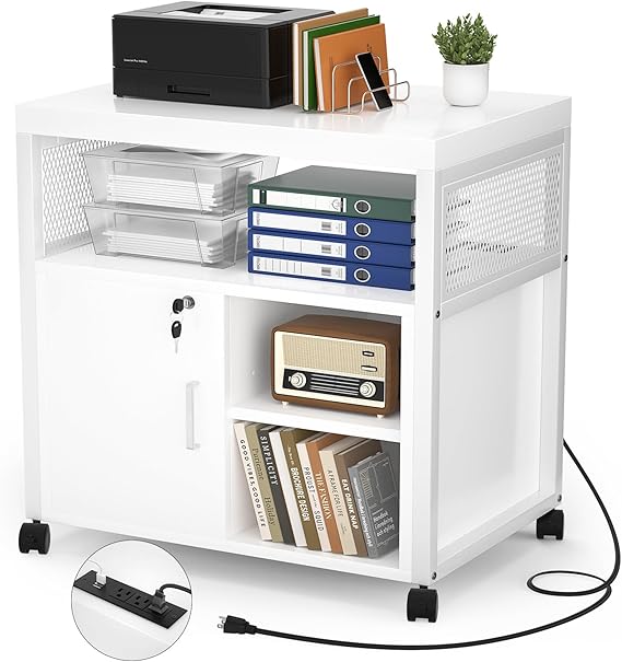 Rolling File Cabinet with Power Outlets, Locking Door & Open Shelves