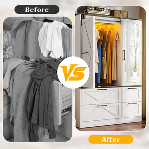Sliding Barn Door Wardrobe Closet with Mirror & Sensor Lights