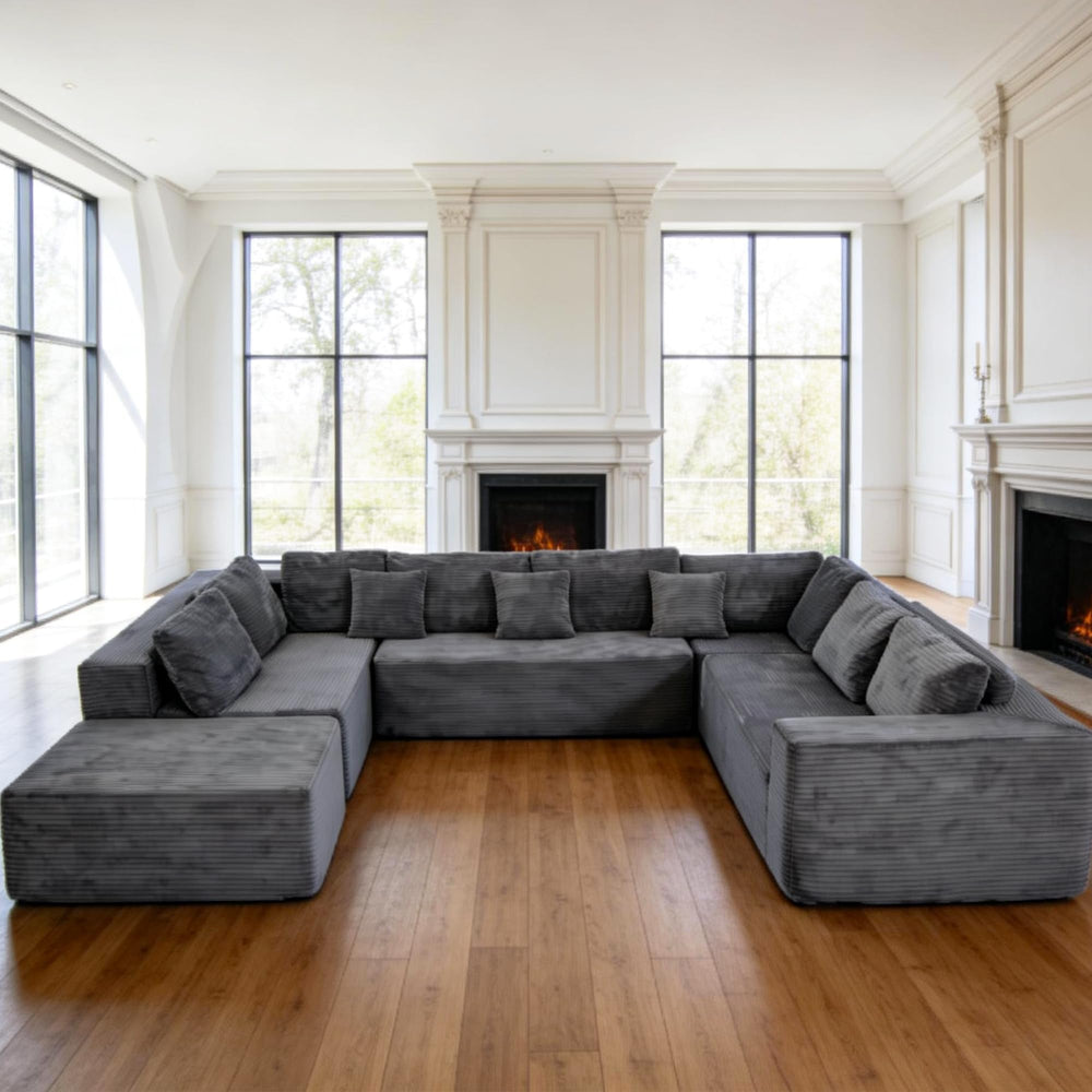 136" U-Shaped Modular Sectional Sofa – 8 Seater, Corduroy, Grey