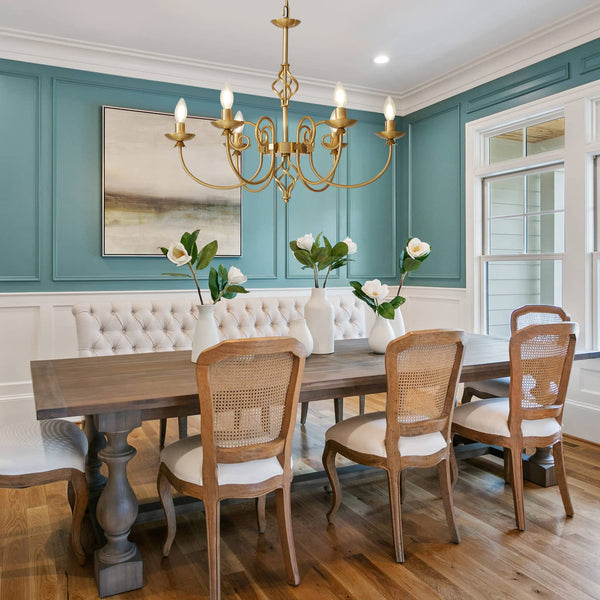 6-Light Gold Candle Chandelier – Rustic Farmhouse Pendant Light