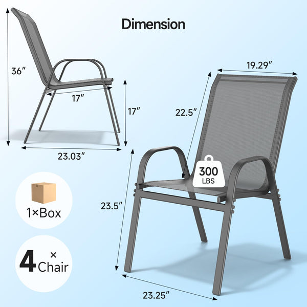 Stackable Patio Dining Chairs Set with Wide Seat & Metal Frame