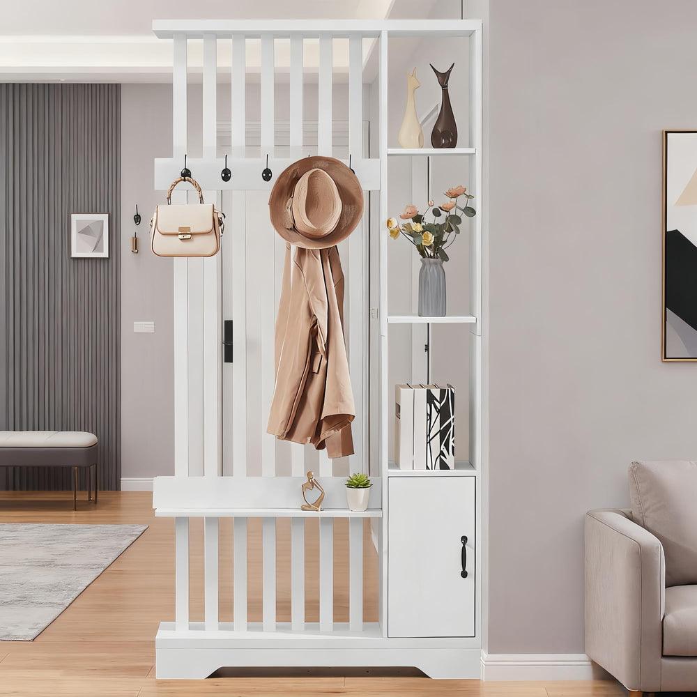 Room Divider with Shelves, Storage Cabinet & Coat Rack