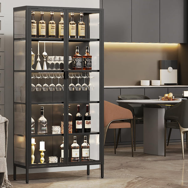 Glass Display Cabinet with LED Sensor Light, 5-Tier Curio Cabinet with Adjustable Shelves