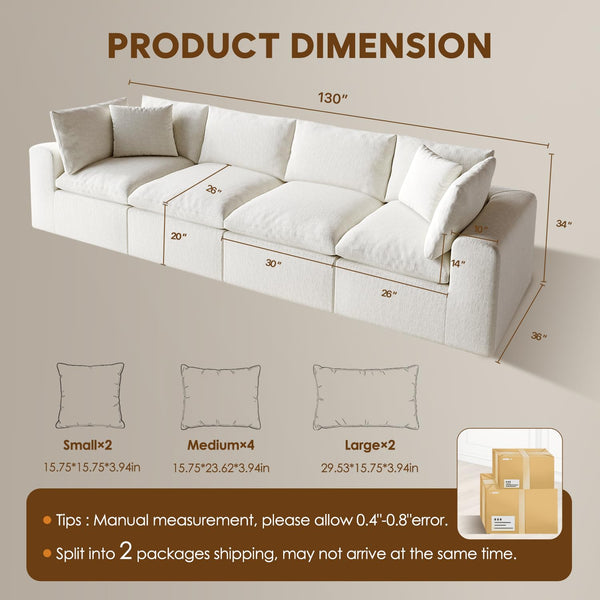 130" Oversized L-Shaped Modular Sectional Sofa