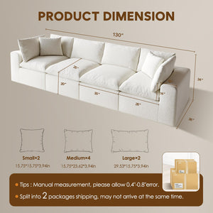 130" L-Shaped Modular Sectional Sofa – Deep Seat, Sleeper, White