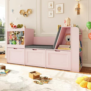 Kids Reading Nook Toy Storage Organizer with Bookshelf and Drawers