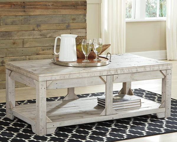 Farmhouse Lift Top Coffee Table with Floor Shelf – Whitewash