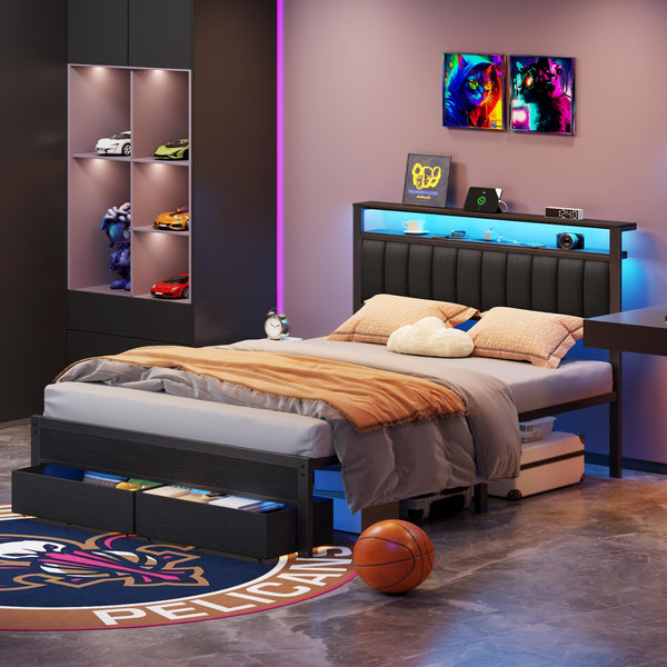 Queen Platform Bed with LED Lights, Charging Station & Storage Drawers