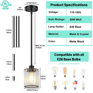 Black Crystal Pendant Lights for Kitchen Island