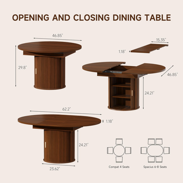 Extendable Round to Oval Dining Table with Storage Cabinet