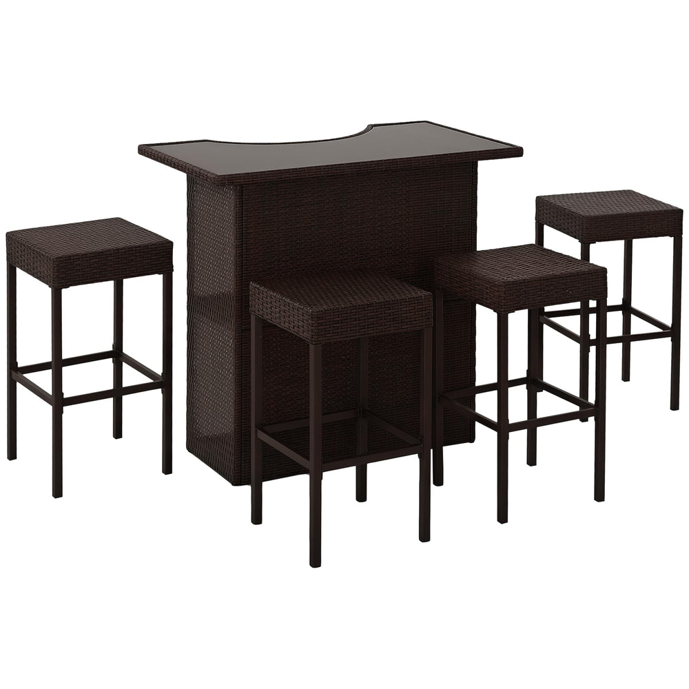 5-Piece Outdoor Rattan Wicker Bar Set with Glass Table & 4 Bar Stools