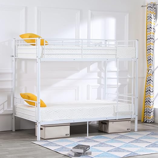 Twin Over Twin Metal Bunk Bed with Flat Ladder & High Guardrail