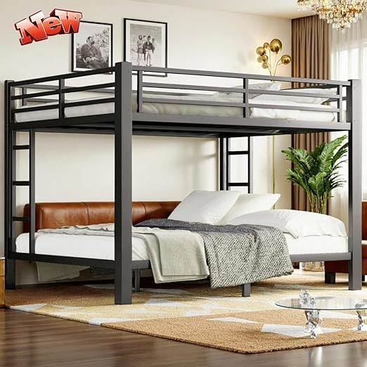 Heavy Duty Metal Bunk Bed with Guardrails & Ladder