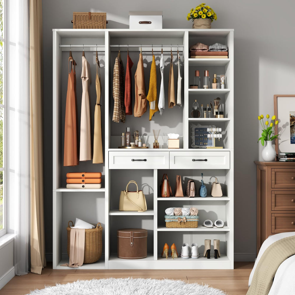 Wardrobe Closet with 2 Drawers, 10 Shelves & 2 Hanging Rods – 81" H