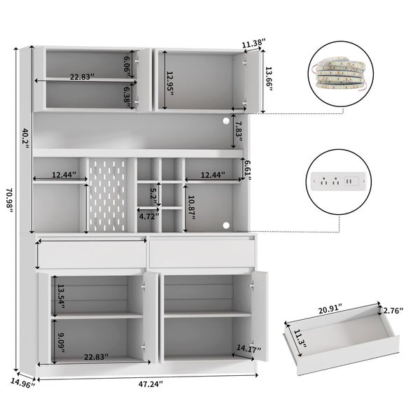 71" Tall Kitchen Pantry Cabinet with LED Light & Charging Station