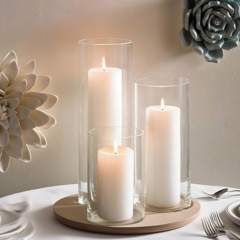 Glass Hurricane Candle Holders with White Pillar Candles Set of 12