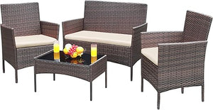 4-Piece Outdoor Wicker Patio Conversation Set with Cushions & Glass Table
