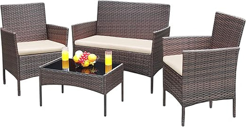 4-Piece Outdoor Wicker Patio Conversation Set with Cushions & Glass Table