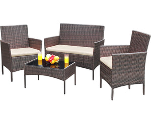 4-Piece Outdoor Wicker Patio Conversation Set with Cushions & Glass Table