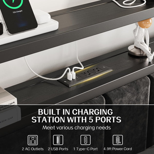 King Bed Frame with LED Lights & Charging Station