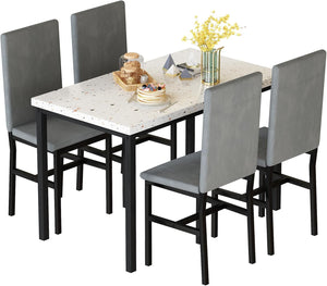 5-Piece Faux Marble Dining Table Set with 4 PU Leather Chairs