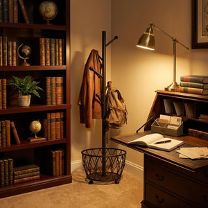 Freestanding Metal Coat Rack with Basket