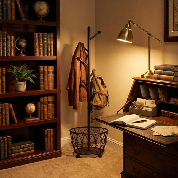 Freestanding Metal Coat Rack with Basket