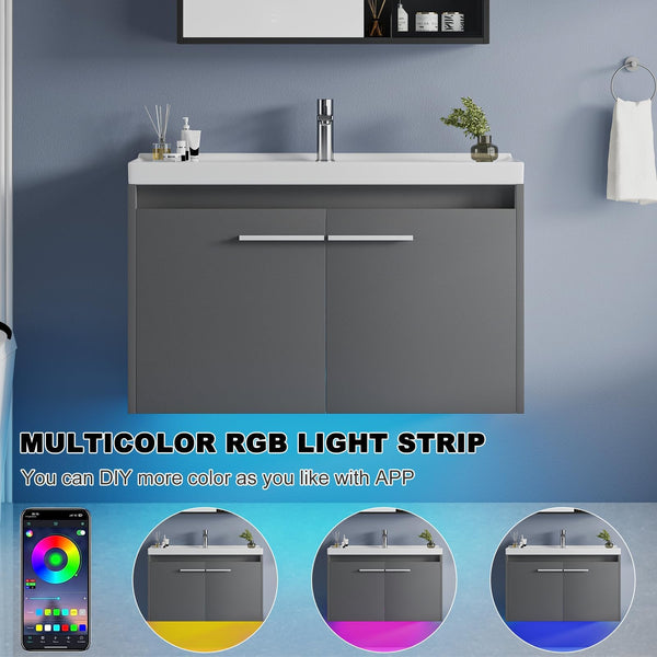 31" Floating Bathroom Vanity with LED Light & Ceramic Sink