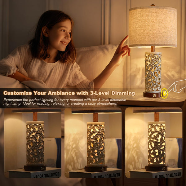 22" Dual Light Table Lamps Set of 2 with USB Charging & Touch Dimmer