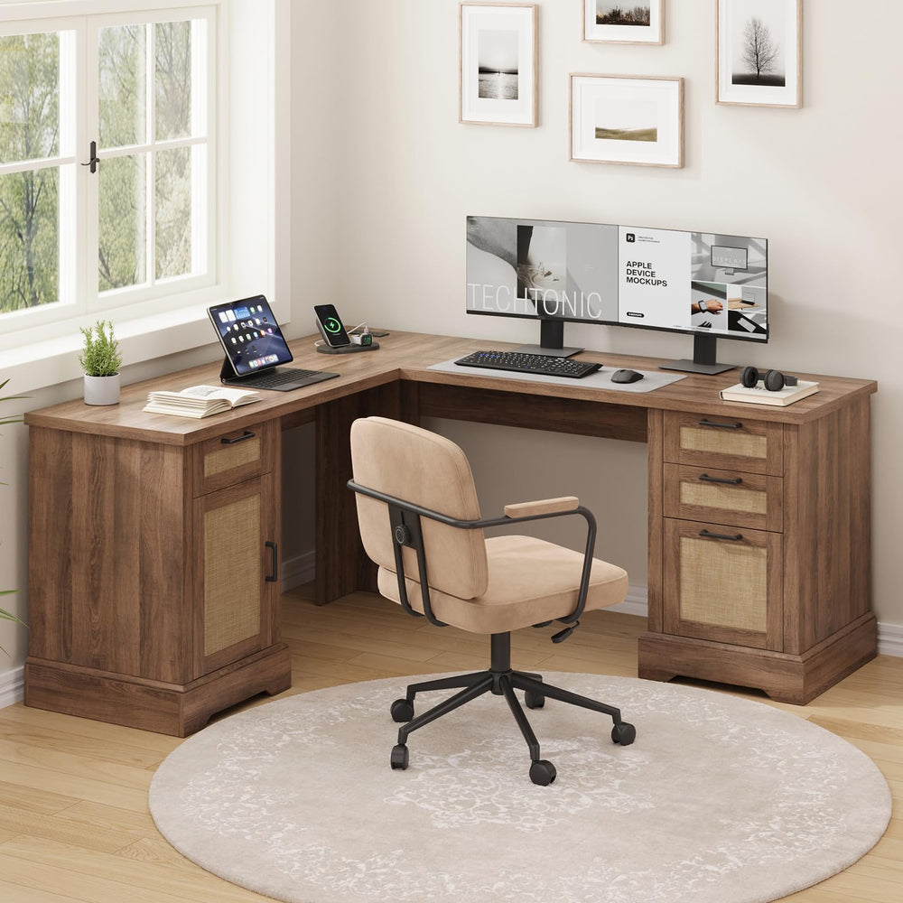 Farmhouse L-Shaped Corner Desk – 3 Drawers, 2 Cabinets & Built-In Power Outlets