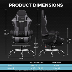 Gaming Chair with Footrest & Lumbar Support – Dark Gray Fabric