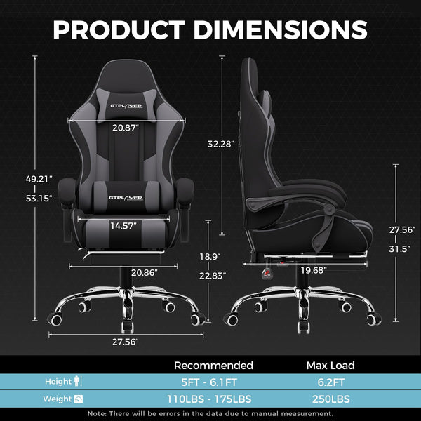 Gaming Chair with Footrest & Lumbar Support – Dark Gray Fabric