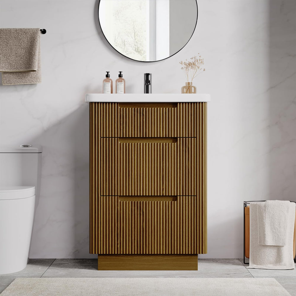 24" Fluted Bathroom Vanity with Integrated Ceramic Sink & 3 Drawers